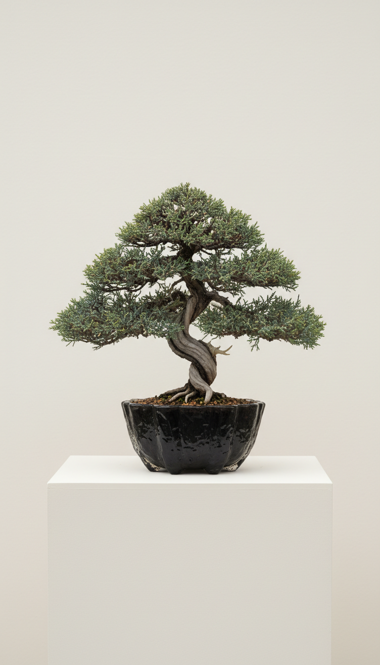 Shimpaku juniper in charcoal ink glass planter