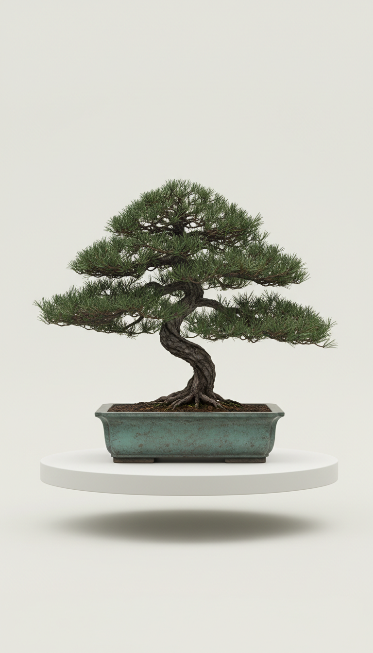 Japanese black pine in slate verdigris planter